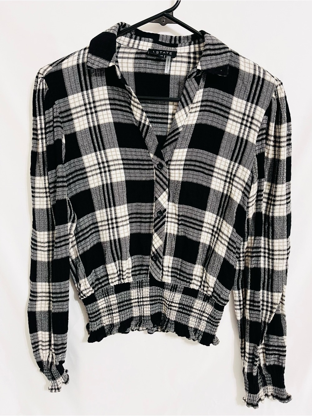 1. STATE Black & White Plaid Button-Front Cropped Shirt